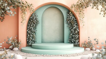 Pastel archway display podium with greenery, product presentation