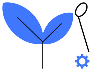 Two blue leaves, gear, and magnifying glass outline signify growth, analysis, innovation, solutions, environmental focus, technological progress and sustainable development. Simple flat metaphor
