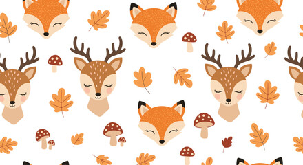 Cute woodland animals and autumn leaves pattern.