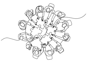 Continuous line drawing of a group of business people sitting in a circle assembling puzzle pieces together.Concept of teamwork,collaboration,partnership,unity,and problem-solving in business strategy