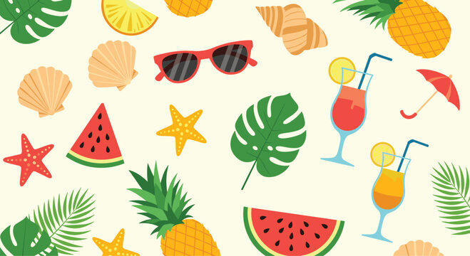 A vibrant collection of summer vacation essentials and tropical motifs.