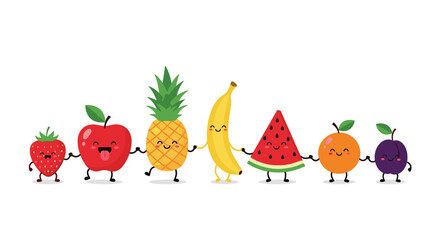 A collection of cheerful cartoon fruits holding hands and dancing.