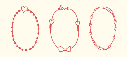Hand Drawn Whimsical borders. Coquette elegant frames with bows, ribbons. Cute french frame set for Valentine Day, wedding, birthday invitation, poster, menu, banner. Trendy doodle isolated vector ill