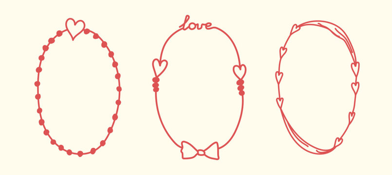 Hand Drawn Whimsical borders. Coquette elegant frames with bows, ribbons. Cute french frame set for Valentine Day, wedding, birthday invitation, poster, menu, banner. Trendy doodle isolated vector ill