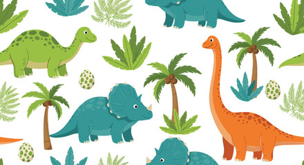 Obraz premium A colorful pattern with dinosaurs and palm trees.