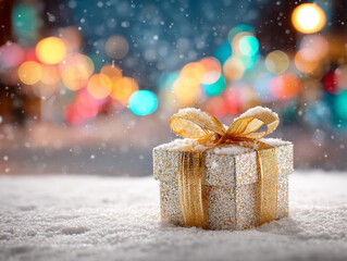 Golden Gift Boxes with Satin Ribbon and Warm Bokeh