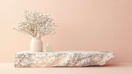 Minimalist floral arrangement on stone shelf against pale pink wall; product display
