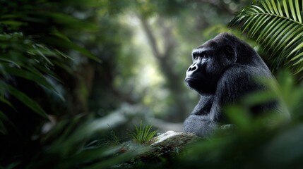 A gorilla is sitting on a rock in a jungle