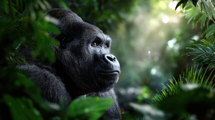 Obraz premium A large gorilla is looking at the camera in a jungle