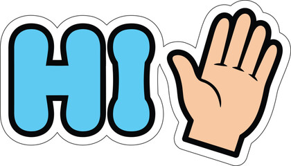 Obraz premium Friendly Comic Pop Art Style Sticker with Bold 'HI' Text and Hand Waving Symbol in Speech Bubble Vector