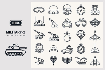 Collection of Military Themed Vector Icons for Design Projects White Background.