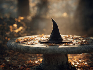 Witch Hat on Mossy Log by Misty Forest Pond