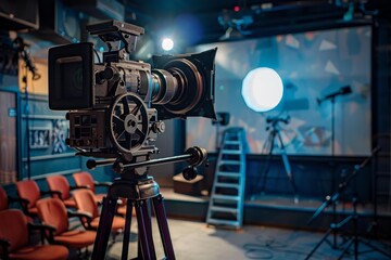Professional digital video camera on tripod recording a tv show inside a television studio