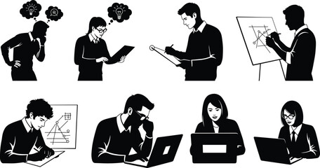 Intellectual activity silhouette set, professional thinking, idea generation, laptop work, clipboard writing, digital analysis, black vector, problem-solving, study