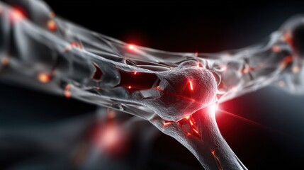 A close up of a nerve cell with red glowing lines