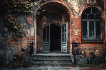 Fototapeta premium Abandoned building entrance with weathered walls and overgrown vines