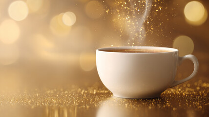 Fototapeta premium steaming cappuccino in elegant white cup with golden rim, glowing golden sparkles, cinematic soft white-gold background, 