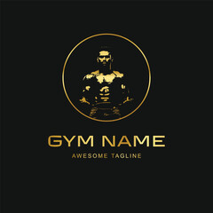 Fototapeta premium Luxury Gym Logo Design with Gold Fitness Silhouette on Black Background