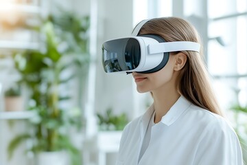 Young Woman Using Virtual Reality Headset in Modern Bright Interior
