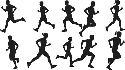 Running silhouette set, athletic motion, jogging stride, fitness pose, male female runner, black vector, sports icon, dynamic movement
