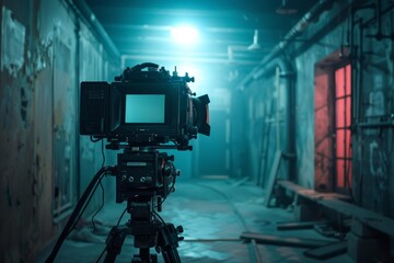 Professional digital video camera recording a movie scene in a grunge location with dramatic lighting