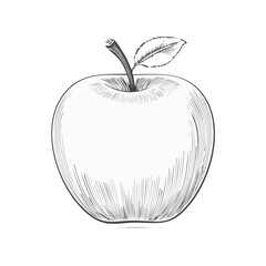 Apple etching illustration showing a single fruit leaf and stalk in black and white
