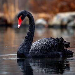 Naklejka premium Elegant Black Swan with Red Beak on Water bird swimming
