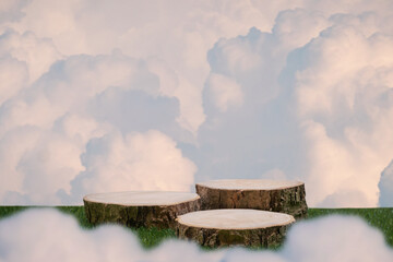 Wood stump podium with green grass white clouds on blue sky background.Product present natural placement pedestal minimal display,paradise dreamy concept.