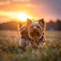 Two Yorkshire Terriers at sunset