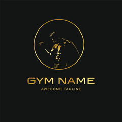 Luxury Gym Logo Design with Gold Fitness Silhouette on Black Background
