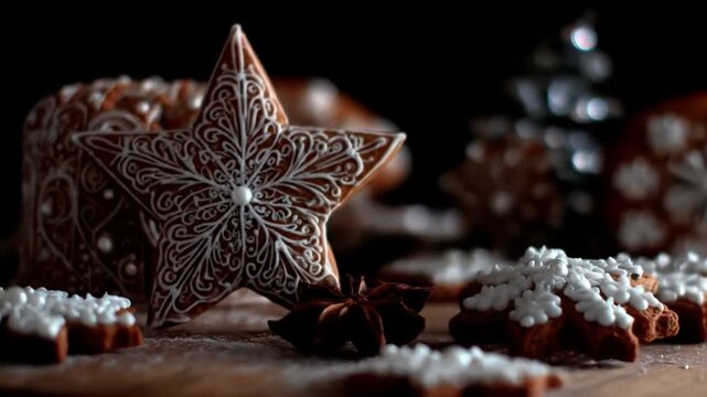 Intricately decorated star gingerbread cookie with elegant white icing, surrounded by festive holiday treats on a wooden surface
