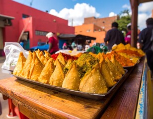 Street food display of Samosas