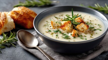 Warm bowls of creamy soup topped with croutons and herbs on wooden table, creating a comforting atmosphere during lunch