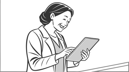 Woman working on a tablet simple black and white line art.