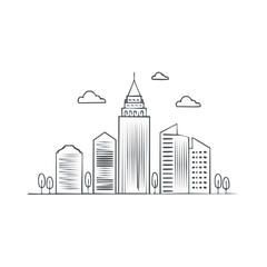 Fototapeta premium Minimalist Outline Drawing of Modern City Skyline with Clouds and Trees