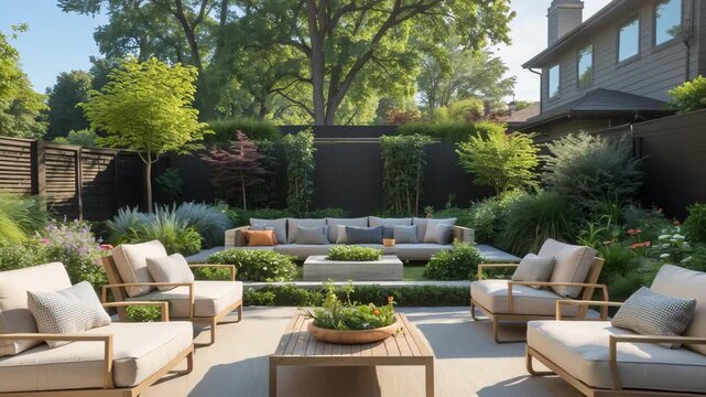 Modern Outdoor Patio Lounge with Lush Garden in a Sunny Backyard Retreat