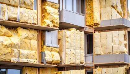 Exterior of a building under construction, insulated with yellow panels