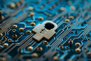 Close up of a circuit board featuring a lock symbolizing cybersecurity
