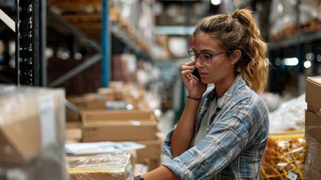 Medium shot of a wholesale coordinator managing bulk purchase calls surrounded by inventory boxes in a warehouse setting.