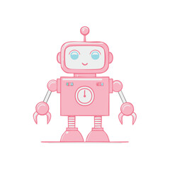 Fototapeta premium Cute pink robot with antenna, friendly face, clock on body isolated