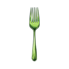 Green Fork Sketch Illustration Isolated Cutlery Utensil Equipment Engraved Flatware