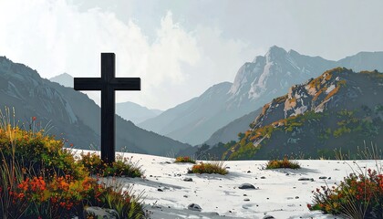 Dark wooden cross atop a snowy mountain landscape