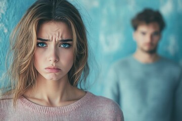 Emotional couple facing relationship troubles in a dimly lit room with textured blue walls