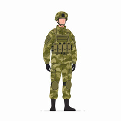 Modern military soldier in camouflage uniform and tactical gear, standing, isolated flat vector illustration on a white background.