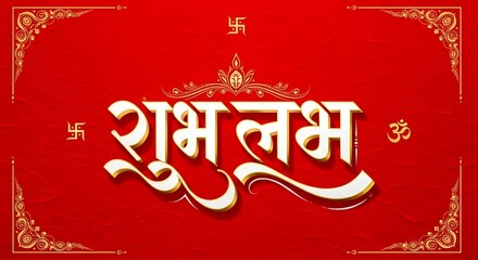 hubh Labh, Auspicious Hindi Calligraphy,
Traditional Indian Festival Greeting Card,
Decorative Peacocks, Red Background.