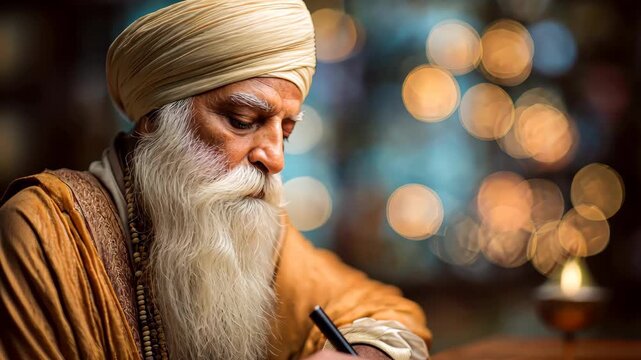 Wise Elder Writing in Peaceful Candlelit Setting