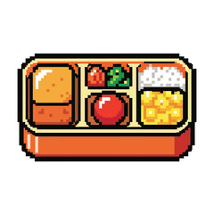 Pixel Art Bento Box with Delicious Japanese Lunch.