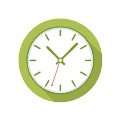 Stylish green wall clock shows the time with red second hand