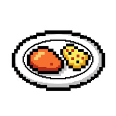 Retro 8 bit video game food icon with meat and eggs.
