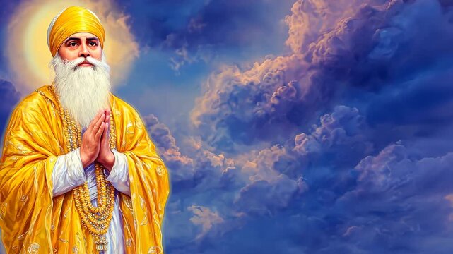 Spiritual Leader in Meditative Pose Against Cloudy Sky